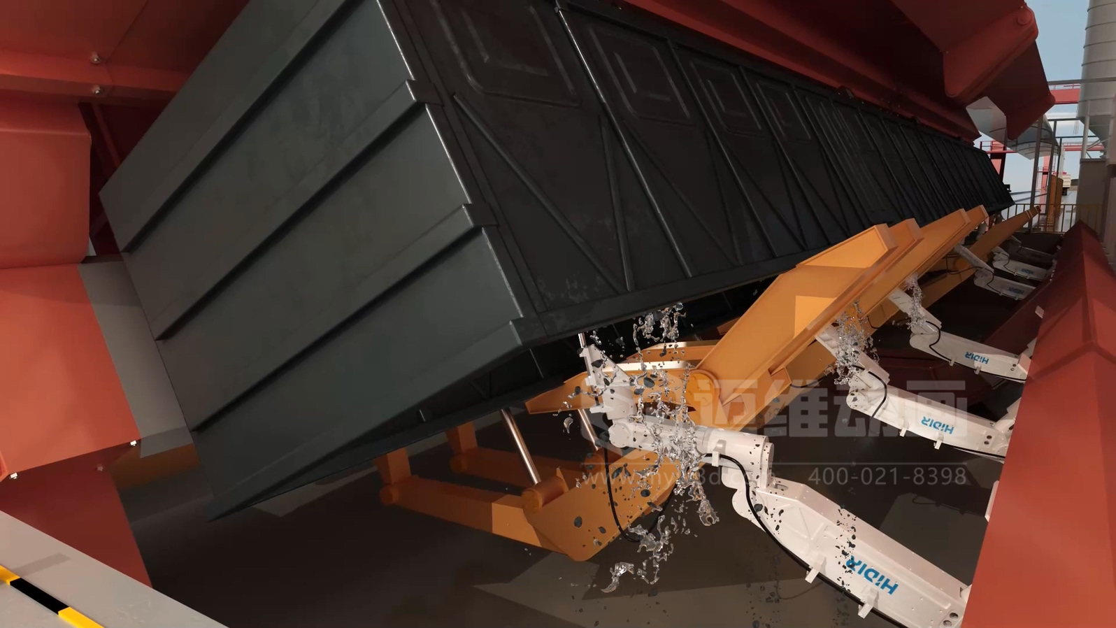 智能工廠工藝流程展示如何做到直觀易懂？工業(yè)3D動畫制作實(shí)景還原火車廂余料自動化清洗全流程(圖1)